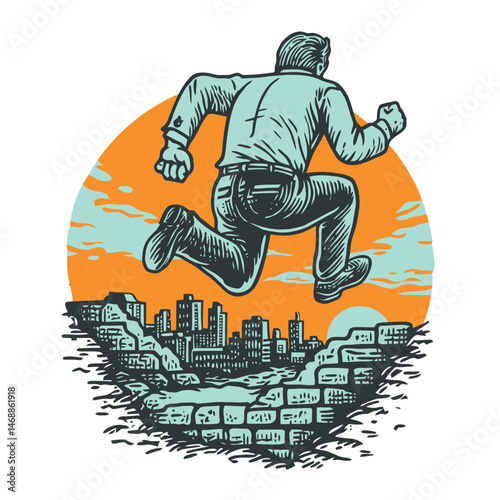 Dynamic Illustration of a Man Leaping Over Urban Landscape