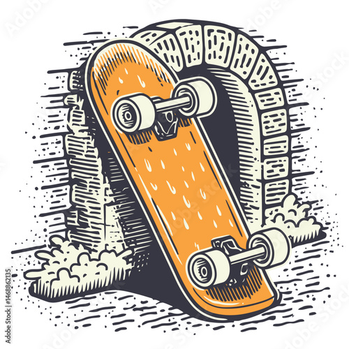 Vintage Hand-Drawn Illustration of Skateboard by Graffiti Wall