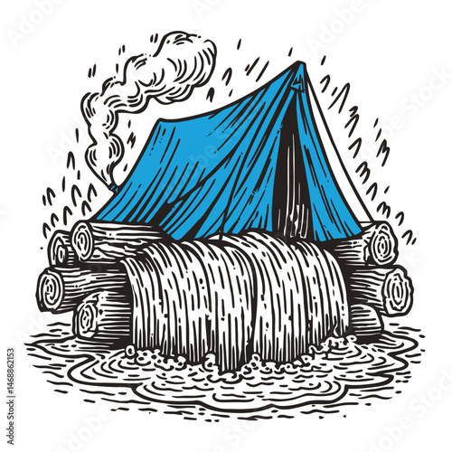 Hand-Drawn Illustration of Camping Tent Over Log Pile and Water Flow