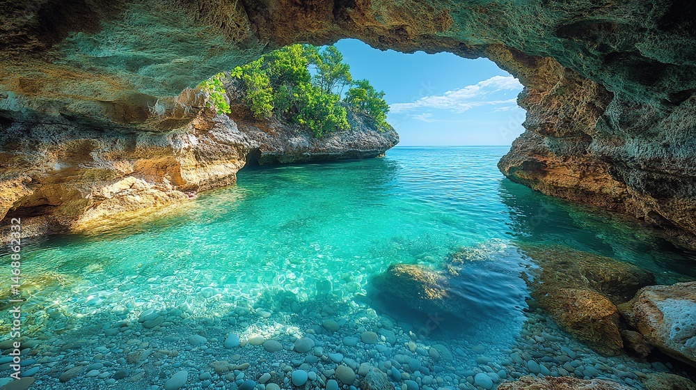 Hidden Lagoon with Turquoise Water and Cave Opening – Natural Arch, Sunlit Rock Formations, and Crystal Clear Pool Creating a Magical Tropical Paradise and Dreamlike Secluded Escape Hidden Lagoon with Turquoise Water and Cave Opening – Natural Arch, Sunlit Rock Formations, and Crystal Clear Pool Creating a Magical Tropical Paradise and Dreamlike Secluded Escape