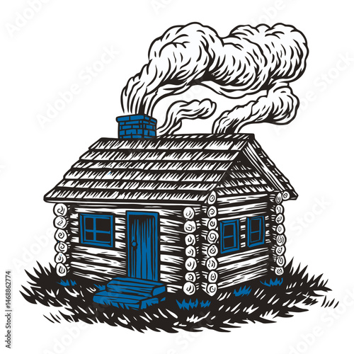 Detailed Hand-Drawn Illustration of a Cozy Log Cabin with Smoke