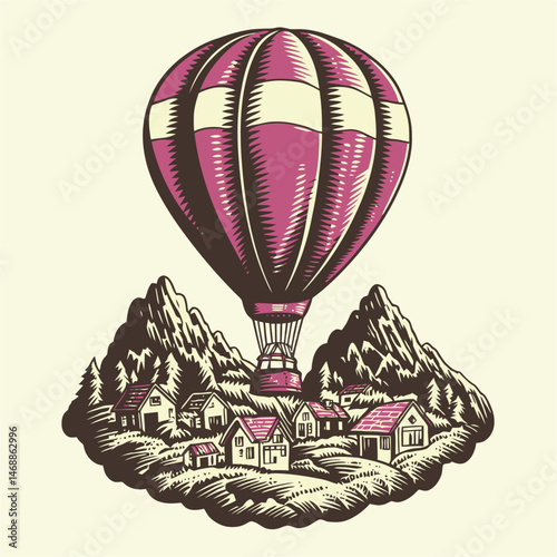 Vintage Hand Drawn Hot Air Balloon Over Scenic Mountain Village