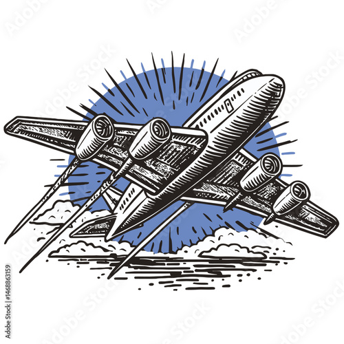 Vintage Hand-Drawn Illustration of an Airplane with Sunburst Design