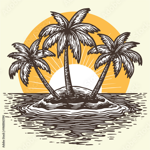 Hand-Drawn Illustration of Tropical Island with Palm Trees and Sunset