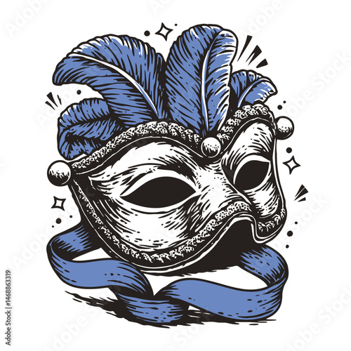 Elegant Hand-Drawn Mask Illustration with Feathers and Ribbon