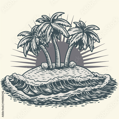 Hand-Drawn Illustration of Tropical Island with Palm Trees and Waves