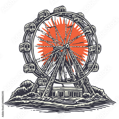 Hand Drawn Illustration of a Colorful Vintage Ferris Wheel
