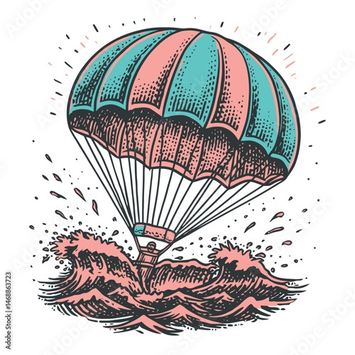 Vibrant Hand-Drawn Illustration of Parachute Over Ocean Waves