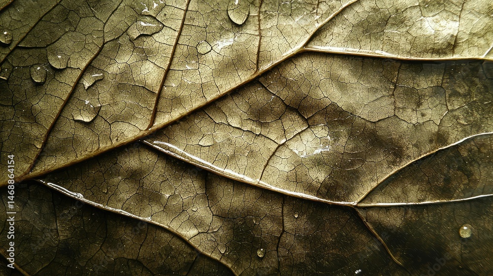 Fototapeta premium A leaf with droplets of rain forming small pools along the veins, reflecting light in a soft, natural glow.