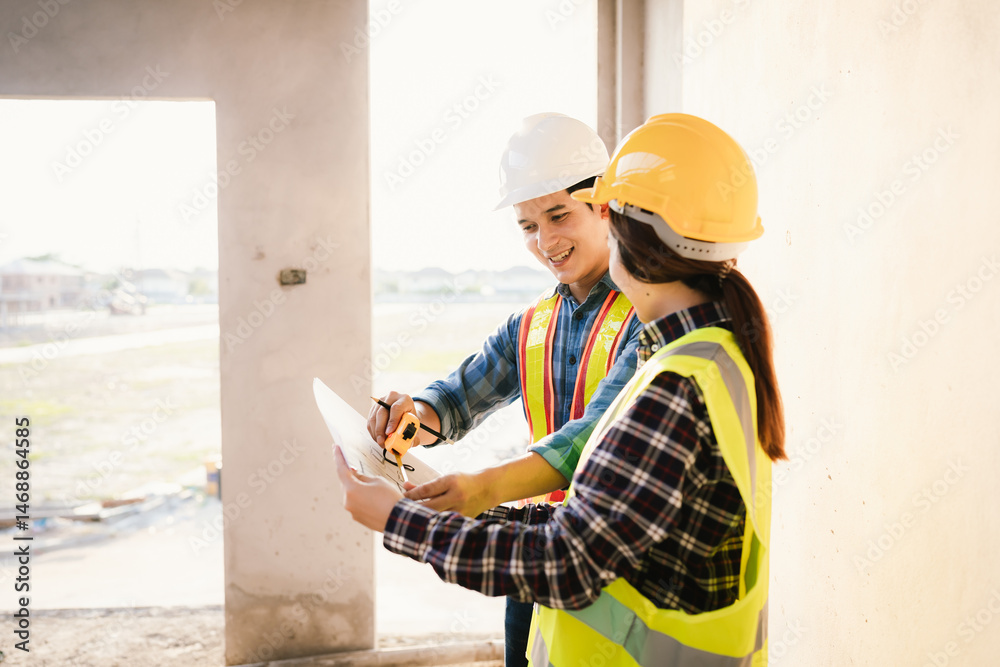 Obraz premium Architects and engineers collaborate at a desk, examining blueprints and documents, managing construction projects with expertise, strategy, technology, and teamwork.