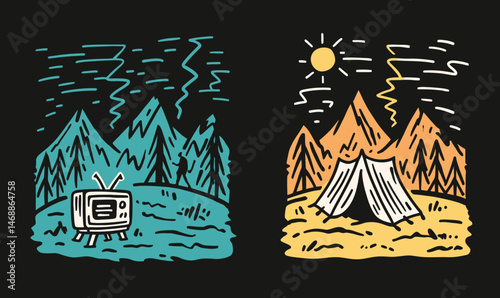 Hand-Drawn Doodle of Mountains, Tent, and Retro Television Scene