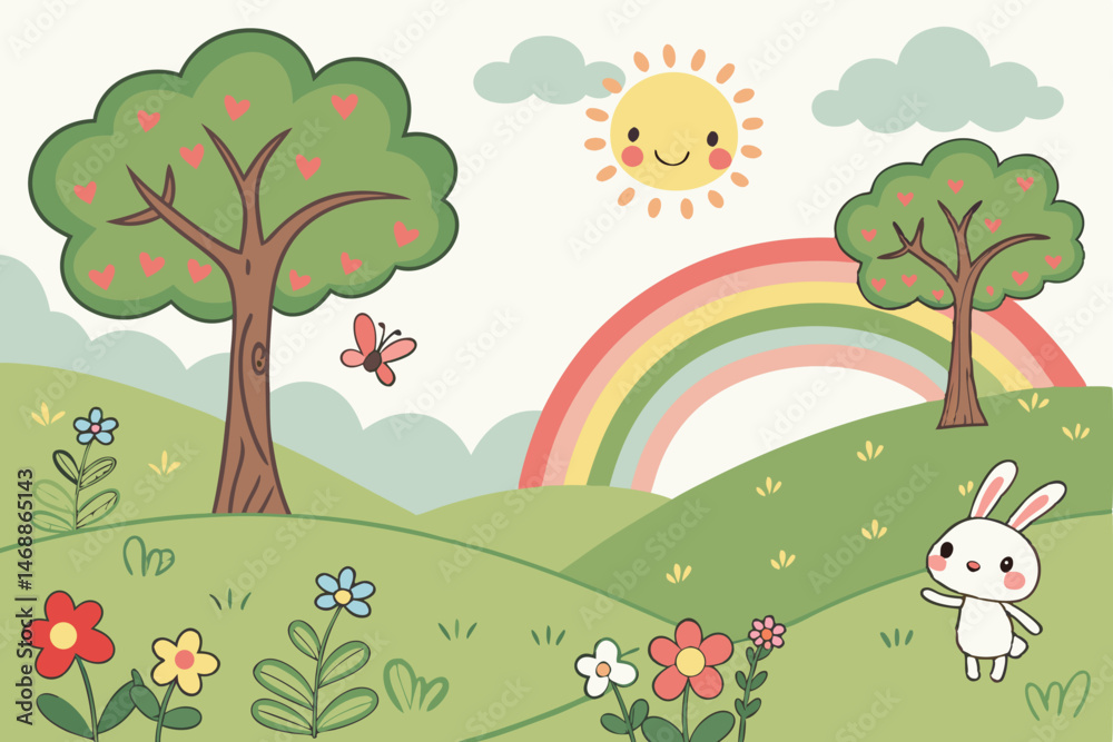133 whimsical, fantasy, colorful, cartoon landscape, fluffy clouds, rolling hills, vibrant flowers, smiling sun, rainbow, trees, butterflies, cute characters, happy, cheerful, digital art 133 whimsical, fantasy, colorful, cartoon landscape, fluffy clouds, rolling hills, vibrant flowers, smiling sun, rainbow, trees, butterflies, cute characters, happy, cheerful, digital art