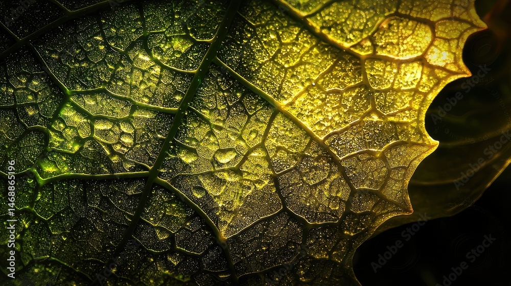 Obraz premium A leaf with rainwater resting in its hollow veins, the droplets perfectly still, as a soft breeze moves through the air.