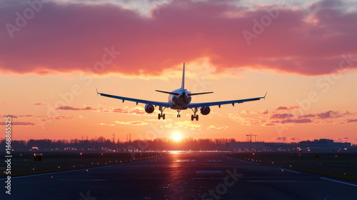 Stunning airplane ascending into colorful sunset sky, showcasing beauty of aviation and travel