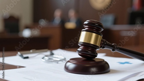 Gavel resting on medical documents symbolizing health-related legal dispute, healthcare law and justice system concept, medical malpractice or insurance claim case.