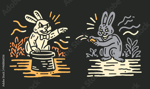 Playful Hand Drawing of Doodle Bunnies in Magic Trick Scene