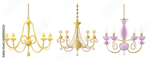 Elegant Collection of Three Ornate Chandeliers in Gold and Purple with Transparent Background
