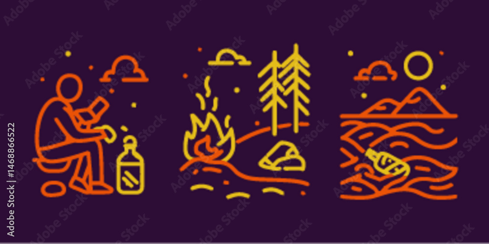 Fototapeta premium Monoline Icons of Outdoor Activities and Nature Elements