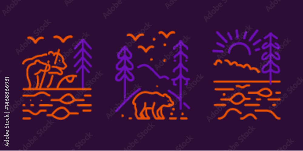 Obraz premium Monoline Flat Icon Set of Nature Scenes with Bear and Landscape