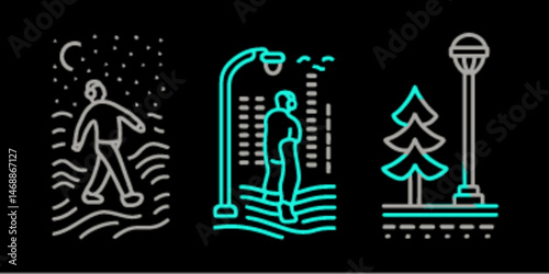 Monoline Flat Icons of People and Street Elements at Night