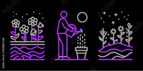 Colorful Monoline Icons of Gardening Activities and Nature Scenes
