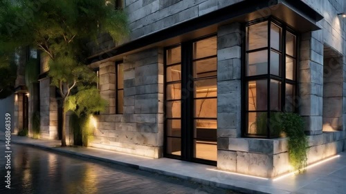 Old stone architecture catches the urban sunset light on a city building's exterior wall