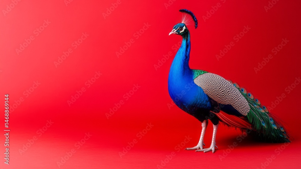Fototapeta premium Vibrant peacock against a bold crimson background.
