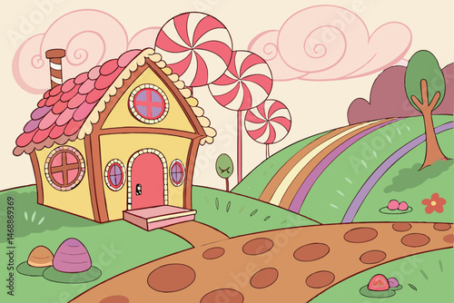 134 colorful, whimsical, candy-coated, cartoon-like, fantasy village, candy cane lollipops, marshmallow houses, gingerbread architecture, playful landscape, vibrant colors, surreal, magical, dreamlike