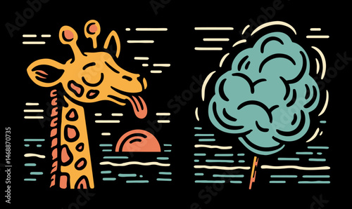 Colorful Doodle of Giraffe and Tree Against Abstract Background