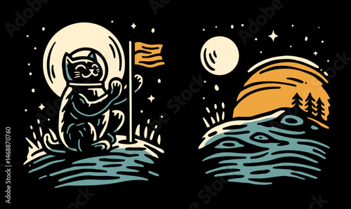 Cat Astronaut Doodle with Flag and Cosmic Landscape Illustration