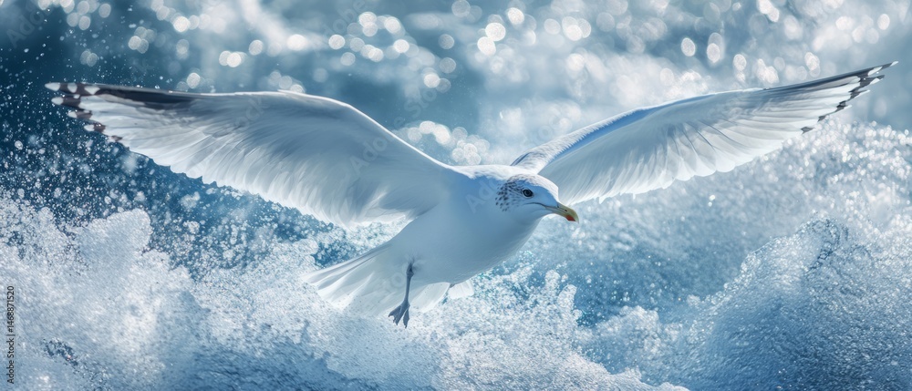 Fototapeta premium White seagull soaring through icy waves.
