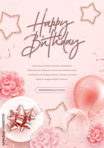 Vector birthday elegant greeting card, banner or party invitation with realistic 3d golden, pink and white balloons, gift box and flowers on pink background. Vector illustration