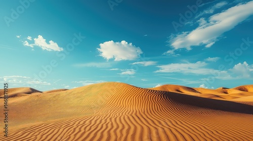 Voxel Art Desert Landscape with Wavy Sand Dunes Under Clear Blue Cloudy Sky