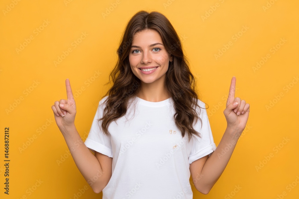 Smiling Woman in White T-Shirt, Gesturing Upwards, Yellow Background Smiling Woman in White T-Shirt, Gesturing Upwards, Yellow Background