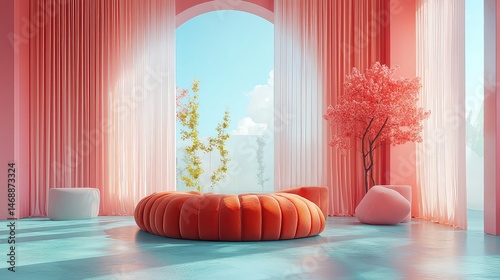 Whimsical Interior with Red Ottoman Sheer Pink Curtains and Red Tree Accents Under Bright Skylight and Serene Outdoor
