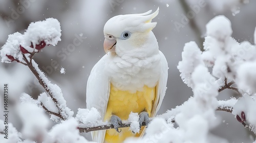 White and Yellow Cockatoo Perched on Snow Covered Branch in Winter Wildlife