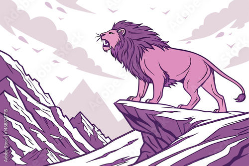 136 a colossal pink lion with a wild, flowing mane standing majestically on a snowy mountain top, dramatic lighting, fantasy, epic scale, 4k, highly detailed, octane render