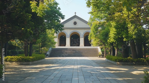 White Church Facade with Pathway and Lush Green Trees Under Bright Sky