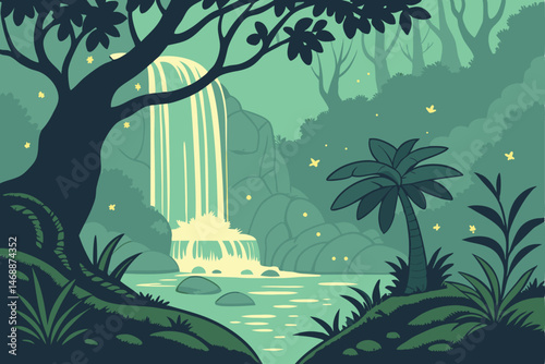 137 stunning forest waterfall landscape, serene tropical rainforest with cascading waterfall, lush green jungle with illuminated flowing stream, magical mystical nature scene with glowing light, dream