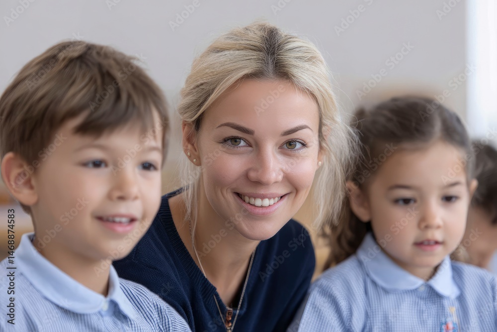 Smiling Teacher with Two Young Students: A Warm and Gentle Portrait Smiling Teacher with Two Young Students: A Warm and Gentle Portrait
