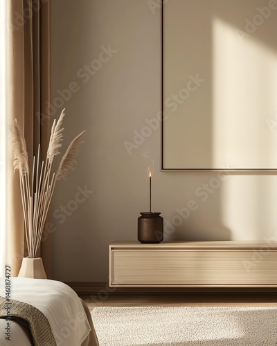 Minimalist interior with warm lighting and decor. photo