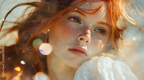 Radiant redhead woman with ethereal glow.