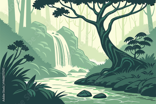 137 stunning forest waterfall landscape, serene tropical rainforest with cascading waterfall, lush green jungle with illuminated flowing stream, magical mystical nature scene with glowing light, dream