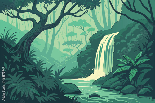 137 stunning forest waterfall landscape, serene tropical rainforest with cascading waterfall, lush green jungle with illuminated flowing stream, magical mystical nature scene with glowing light, dream