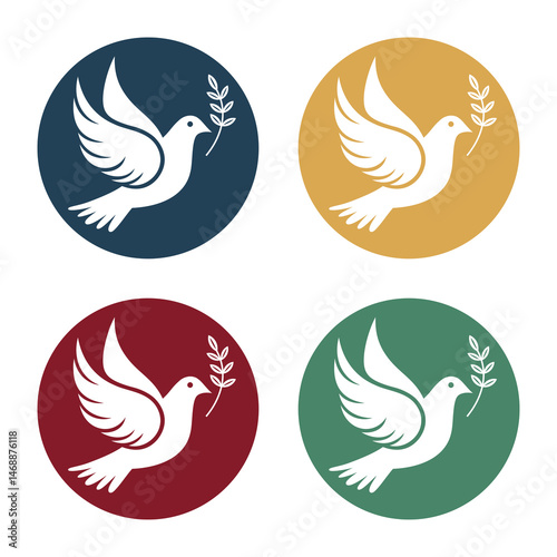 A set of four circular icons featuring a white dove carrying an olive branch