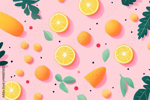 Citrus Garden Fresh Lemons with Oranges  Leaves on Pink.