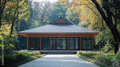 Wooden Pagoda Nestled in Green Forest on Sunny Day with Stone Path Leading to Geometric Building