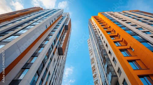 Worm's Eye View of Modern Orange and White Buildings Against Clear Blue Sky on Sunny Day