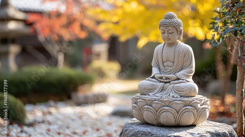 Zen Buddha Statue in a Garden with Vibrant Autumn Leaves and Soft Sunlight in an Outdoor Setting for Meditation and