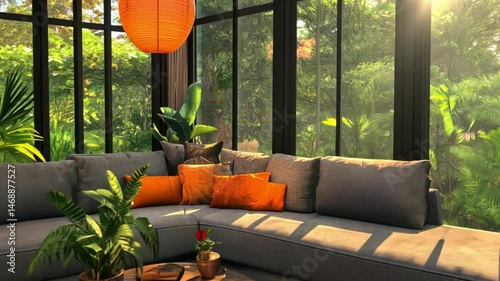 Serene Tropical Living Room: Sunlit Interior Design with Lush Greenery